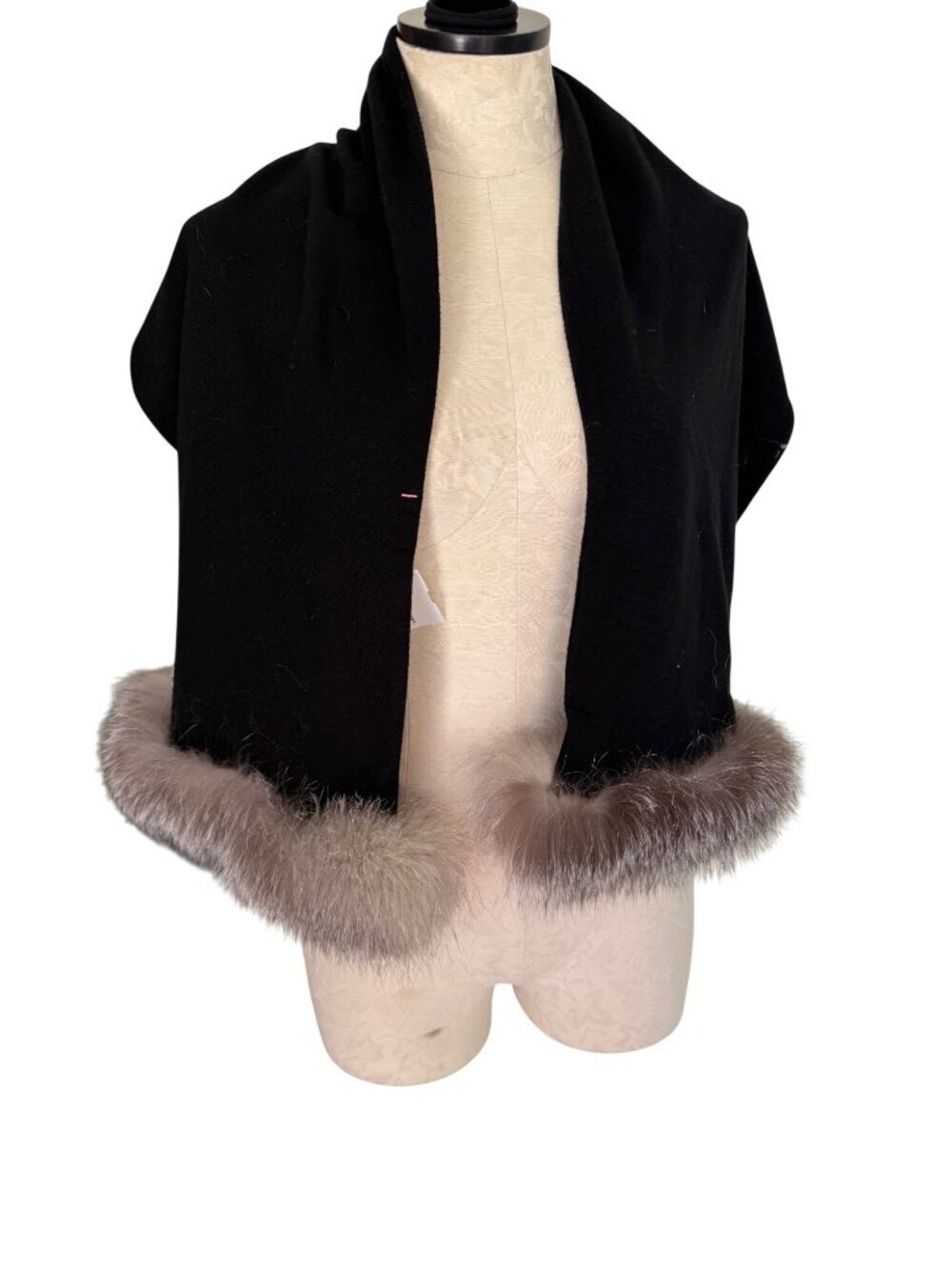 Saks Fifth Avenue Folio Collection Womens Fur Trim Wrap/Scarf OS Black Wool Knit
